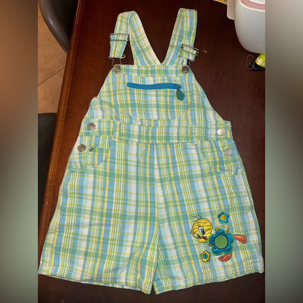 TWEETY BIRD Vintage 90s Plaid Yellow and Green Girls Shortalls Measures size 6